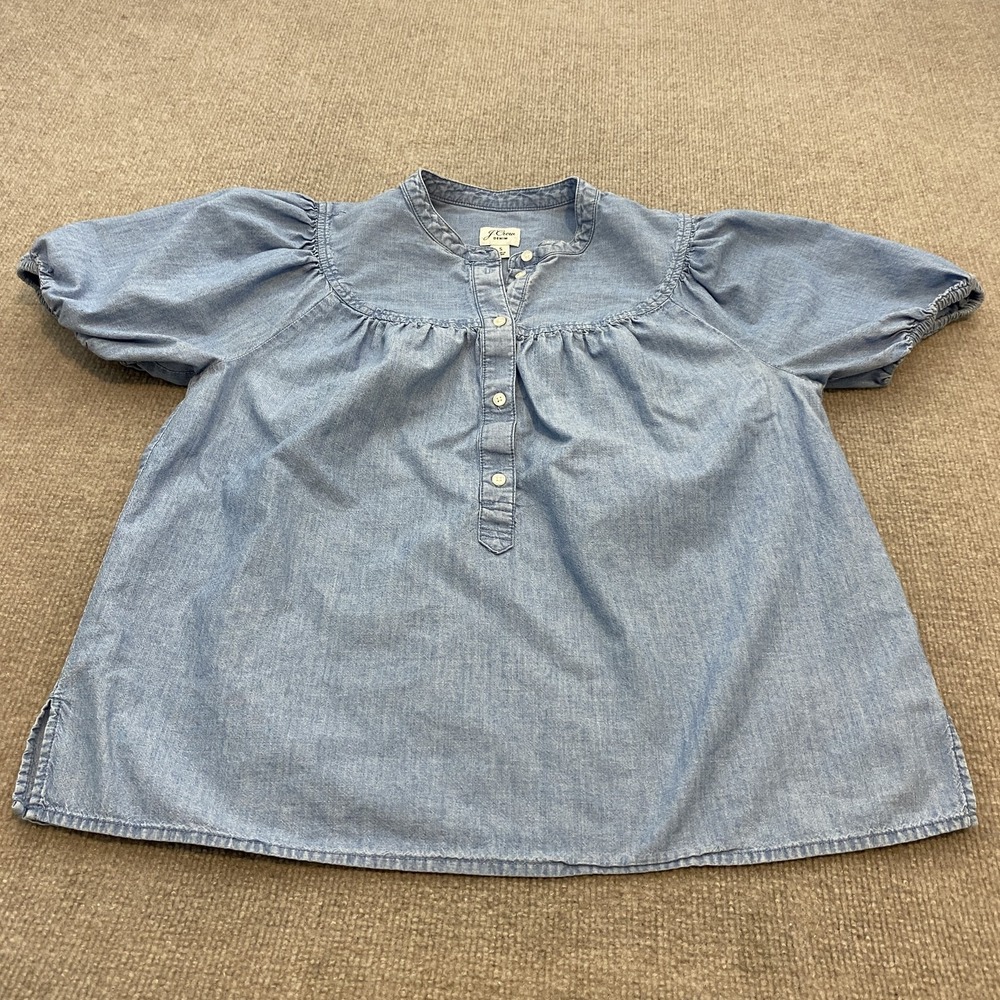 J.Crew Shirt Womens Small Blue Chambray Denim Puff Sleeve Boho Tunic Top Western